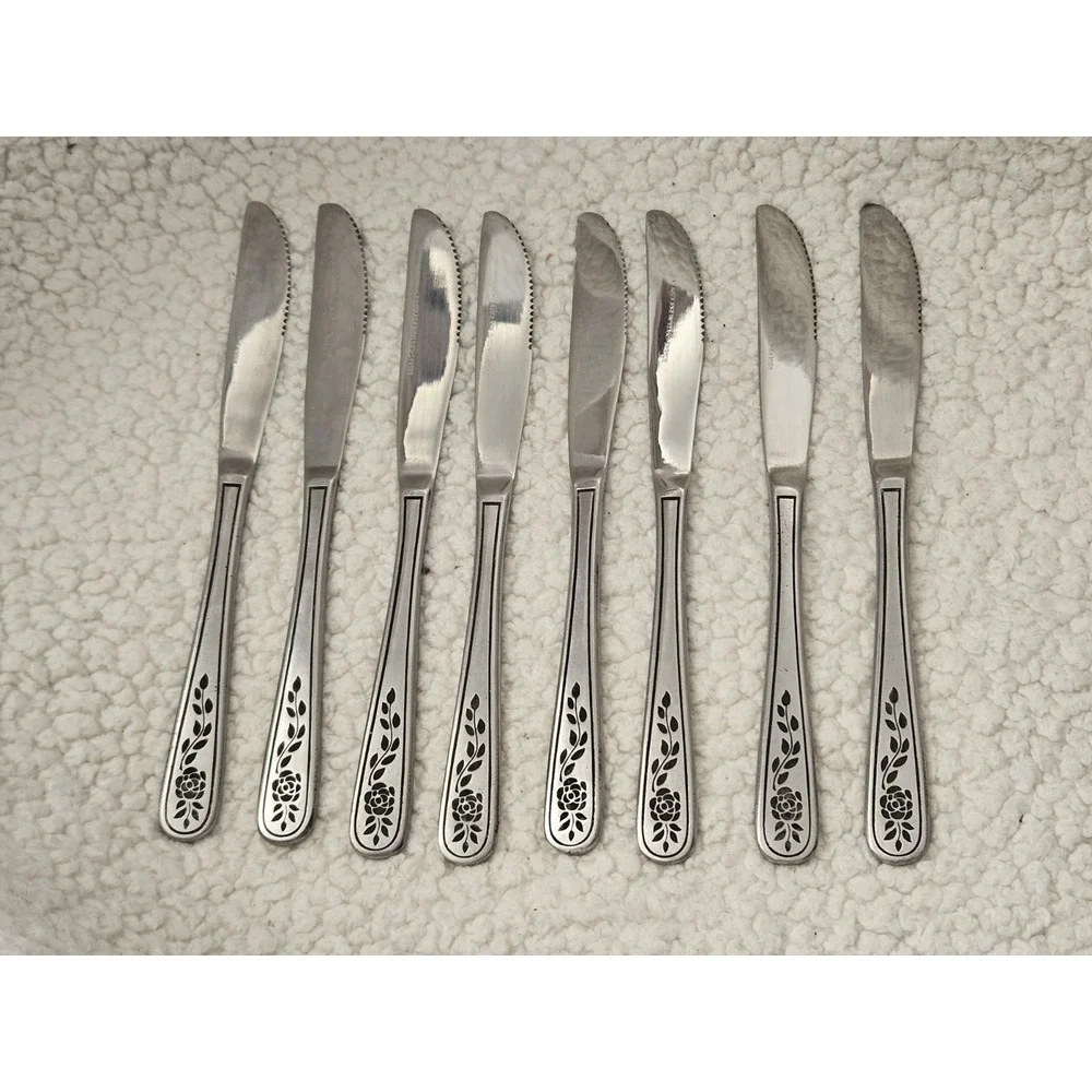 SET OF‎ 8 ROGERS STANLEY ROBERTS FLORAL MIST STAINLESS STEEL KNIVES
